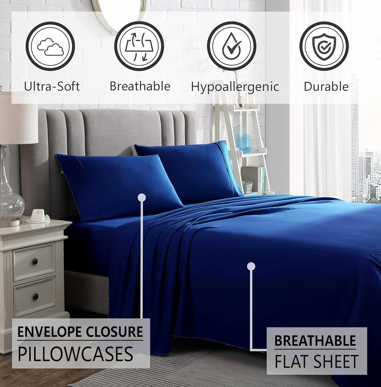 4 Piece Full Size Bedding Sheets and Pillowcases Set - Ultra Soft Microfiber - Breathable, Wrinkle Free, Easy Care, Durable, Oeko-Tex Certified Sheet Set (Full, Navy)