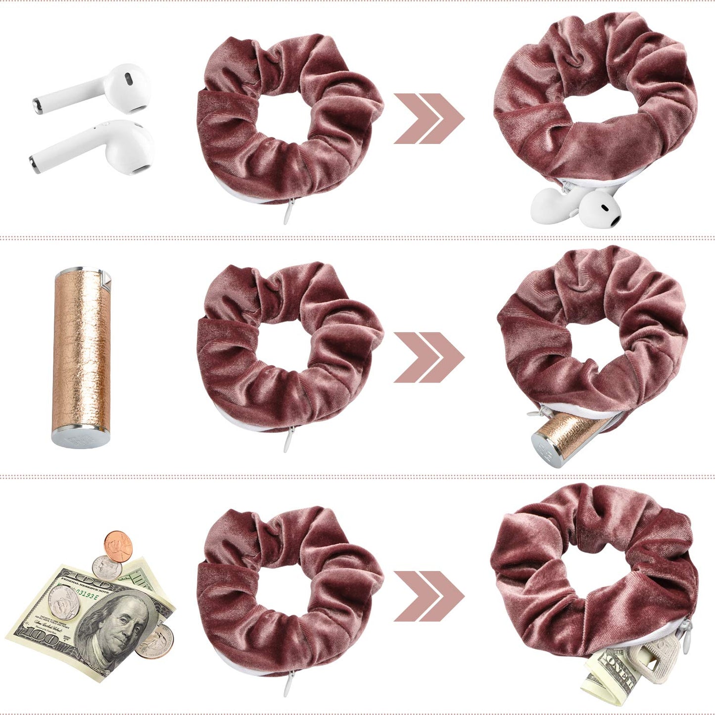 4 Packs Hair Scrunchies with Zipper Pocket Soft Elastic Hair Bands Hair Scrunchy Ties Ropes Hair