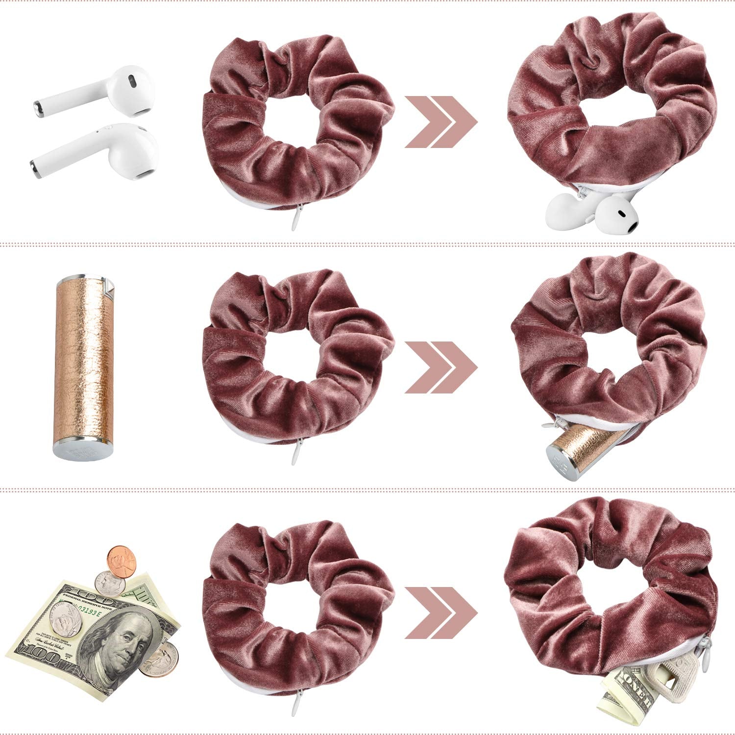 4 Packs Hair Scrunchies with Zipper Pocket Soft Elastic Hair Bands Hair Scrunchy Ties Ropes Hair