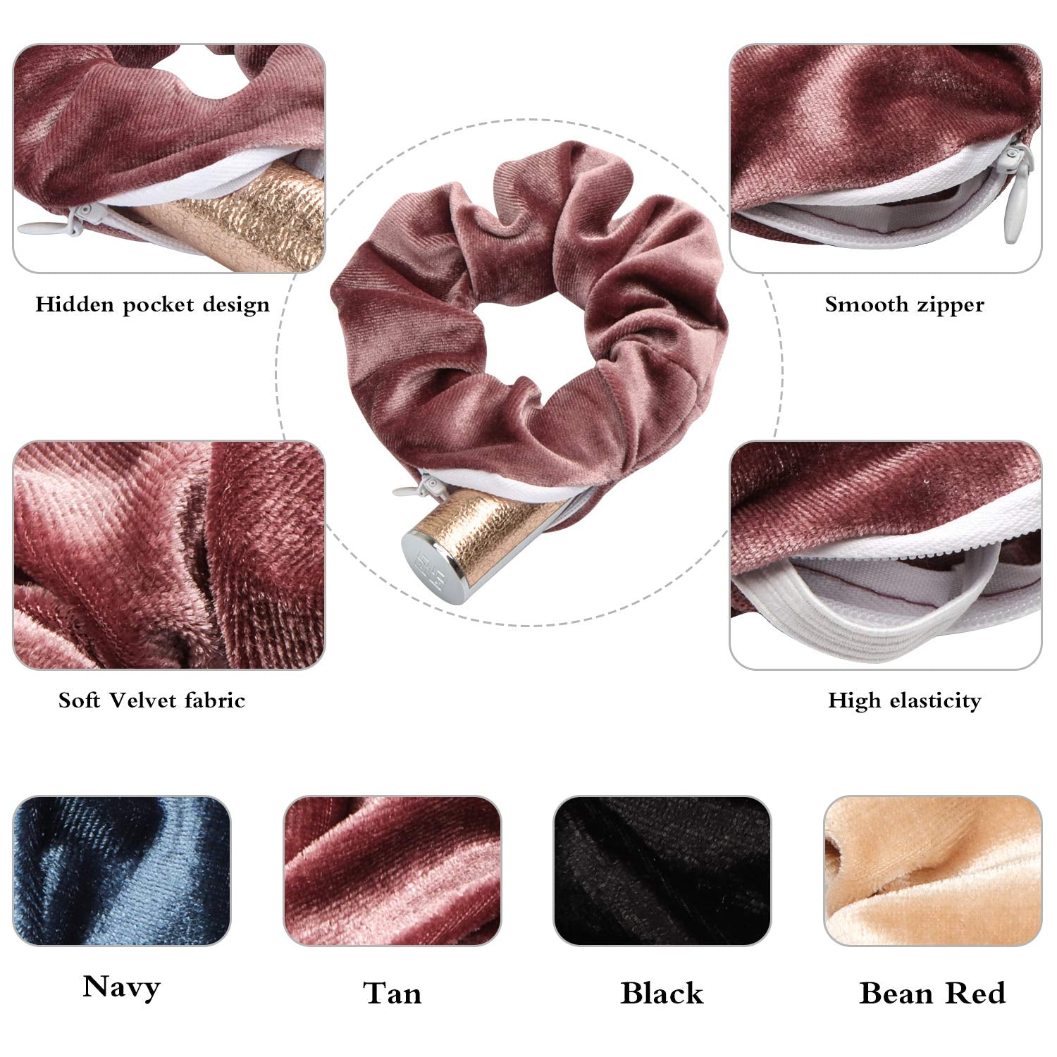 4 Packs Hair Scrunchies with Zipper Pocket Soft Elastic Hair Bands Hair Scrunchy Ties Ropes Hair