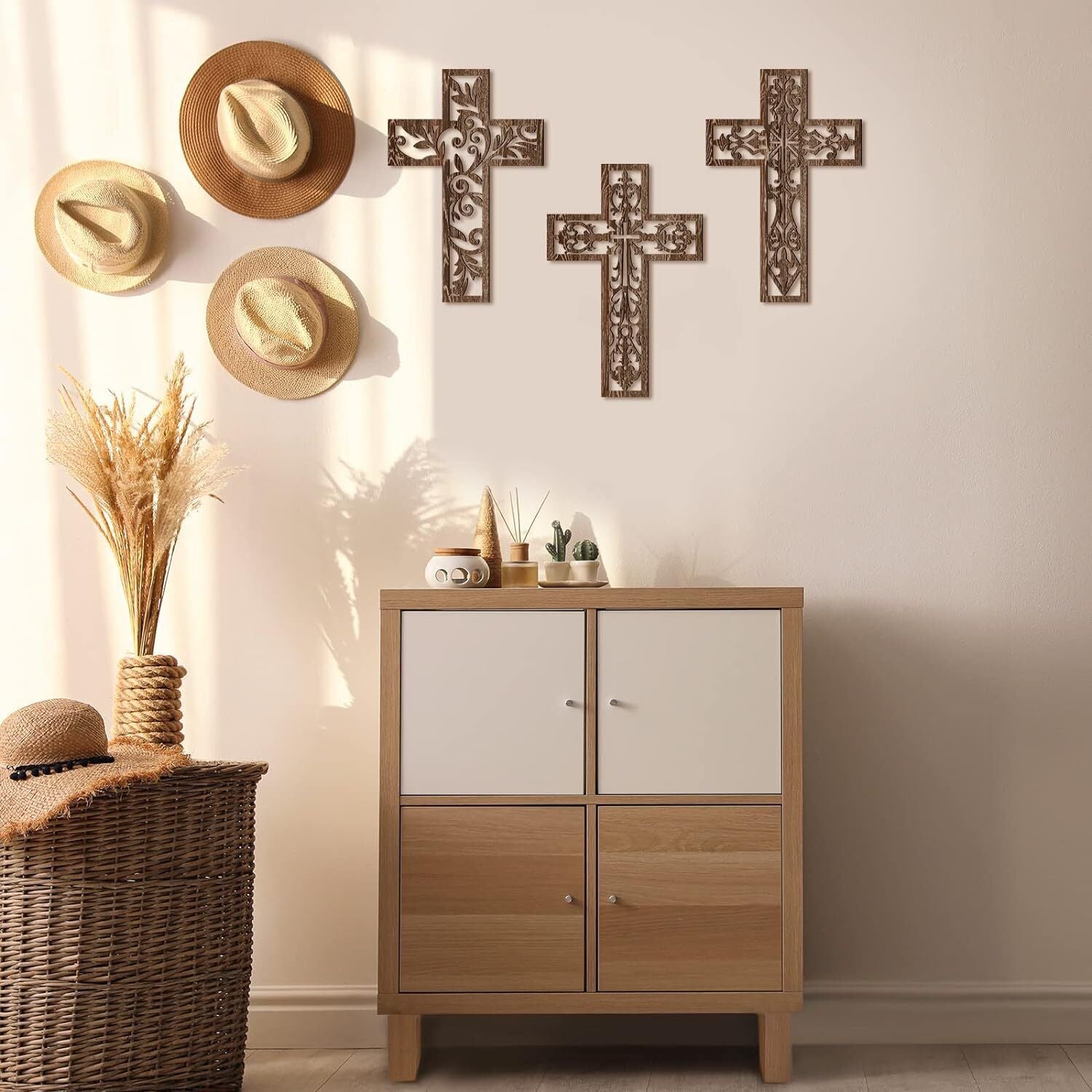 3 Pcs Wooden Wall Hanging Cross Handmade Antique Cross Hanging Decor Religious