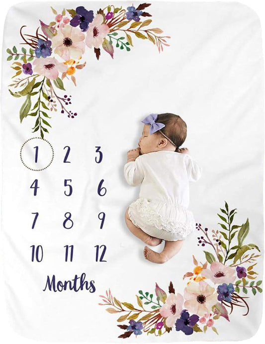 Baby Monthly Milestone Blankets Soft Floral Memory Blankets Girls Boys Cute Photo Background Blankets Baby Stuff Shower Gifts Purple