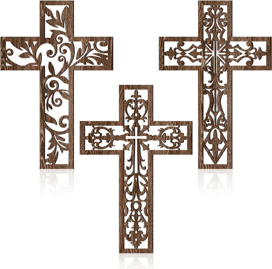 3 Pcs Wooden Wall Hanging Cross Handmade Antique Cross Hanging Decor Religious