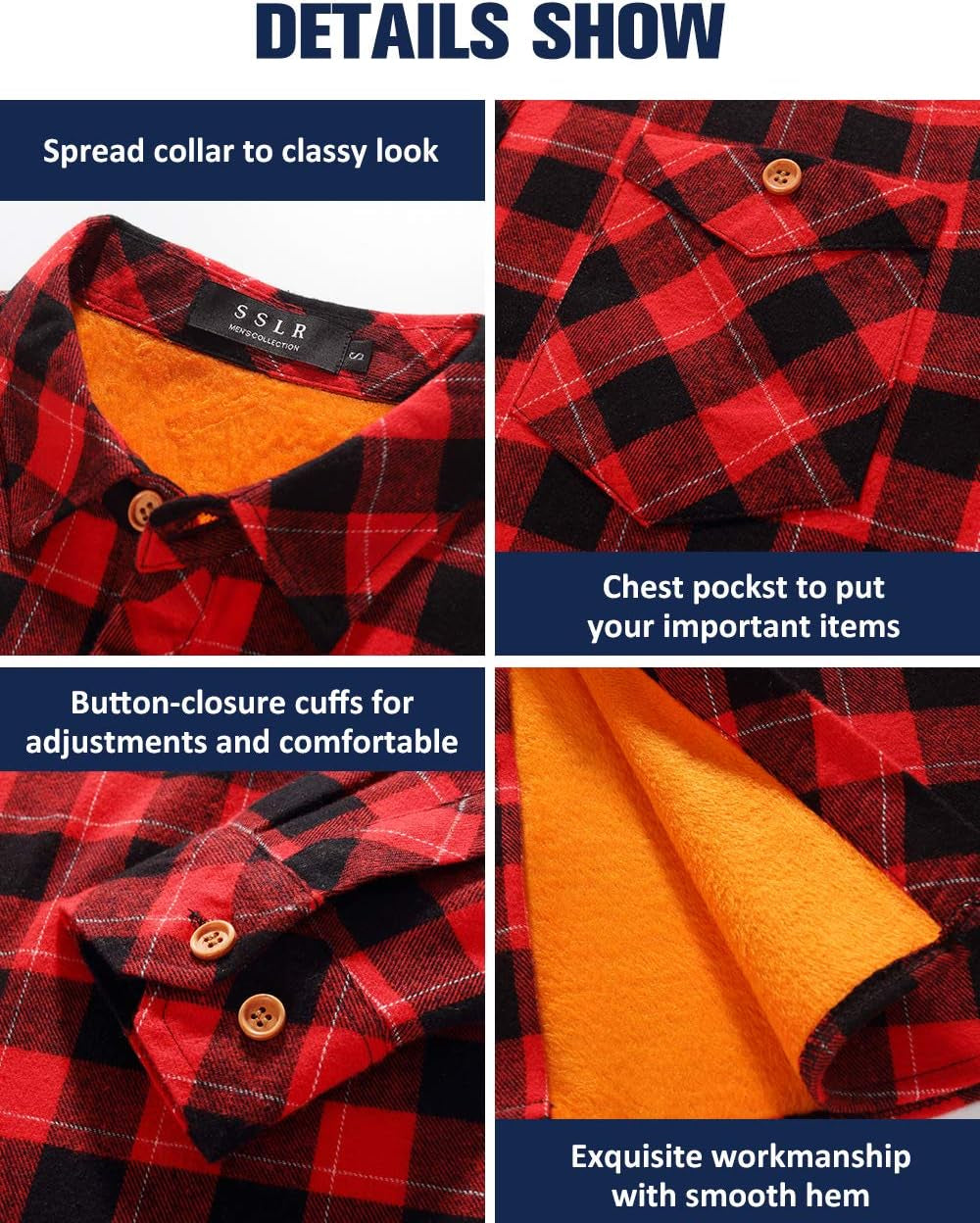 -Flannel-Shirt-For-Men-Fleece Lined Shirt Long Sleeve Button down Flannel Jacket Plaid Casual