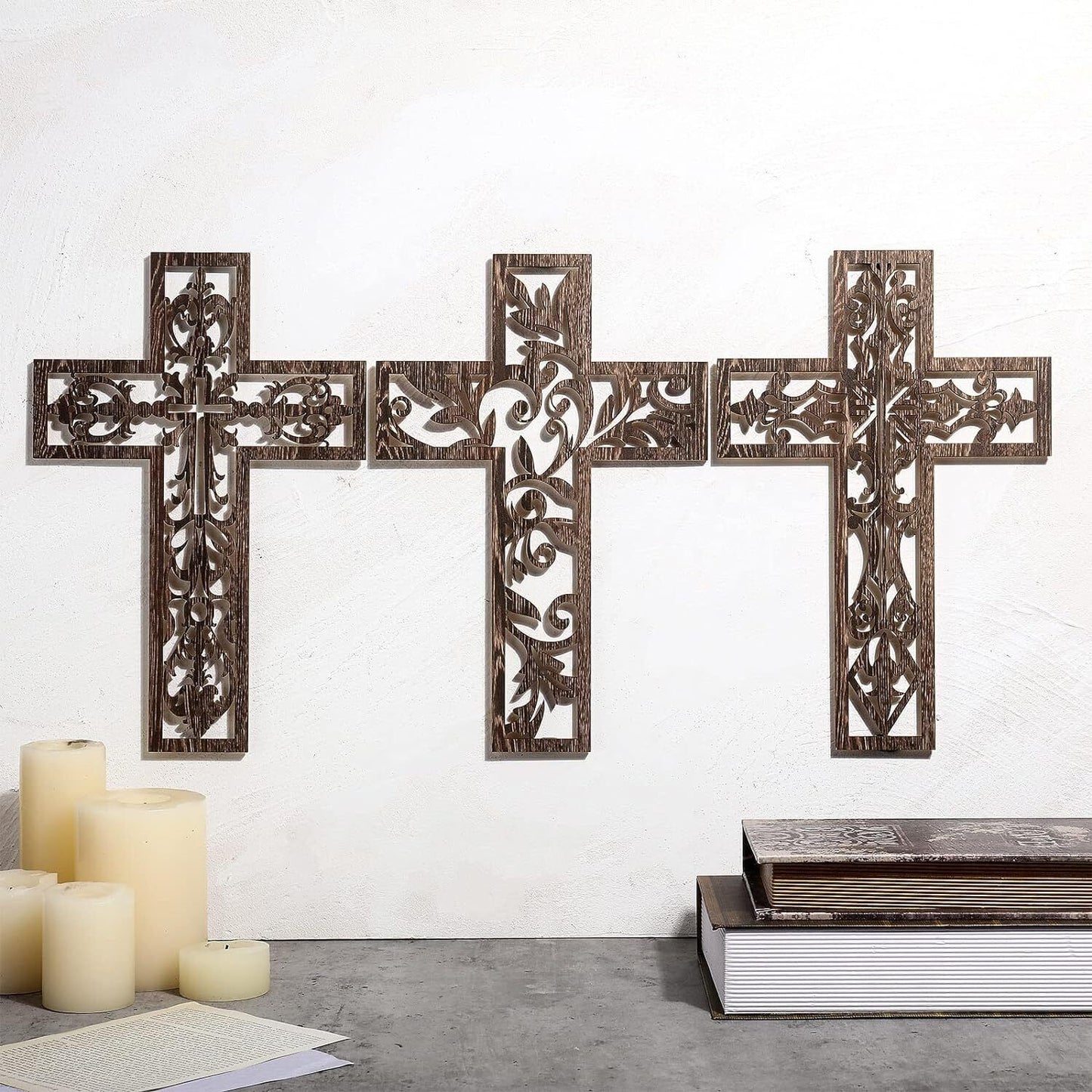 3 Pcs Wooden Wall Hanging Cross Handmade Antique Cross Hanging Decor Religious
