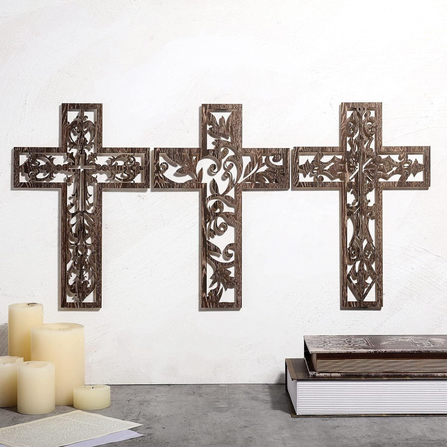 3 Pcs Wooden Wall Hanging Cross Handmade Antique Cross Hanging Decor Religious